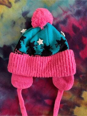 🐱⭐️Vintage 90s Cats & Stars Bright Pink & Teal Knit Toddler Beanie Hat